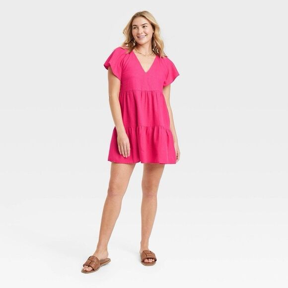 Women's Flutter Short Sleeve Mini Skater Dress - Universal Thread™ Pink L - Picture 1 of 3